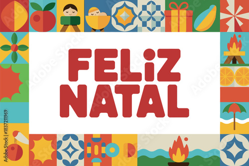 Feliz Natal Christmas Greetings with Gifts and Fire