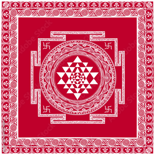 Maha Laxmi Sri Yantra, an intricate Yantra in Aipan Art that features folk, geometric and sacred elements, suitable for wall panels and religious invitations.