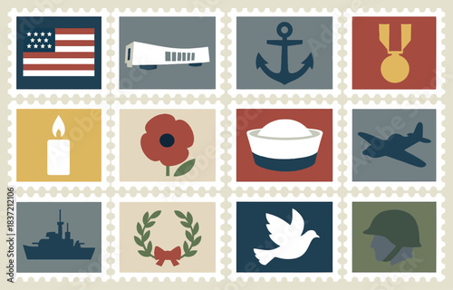 National Pearl Harbor Remembrance Day Icon Set with Military and Tribute Stamps