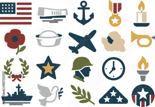 National Pearl Harbor Remembrance Day Icon Set with Military and Tribute Symbols