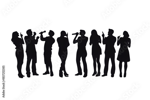 Enthusiastic Performing Group Silhouette: A group of silhouetted individuals passionately singing into microphones, their dynamic postures expressing musical enjoyment and shared energy.