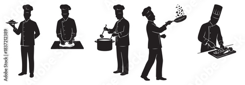Silhouettes of chefs performing various culinary tasks including serving, kneading, stirring, frying, and chopping food.