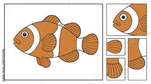 Cartoon clownfish puzzle with a complete fish on one side and its disassembled parts on the other, ideal for children's learning activities.