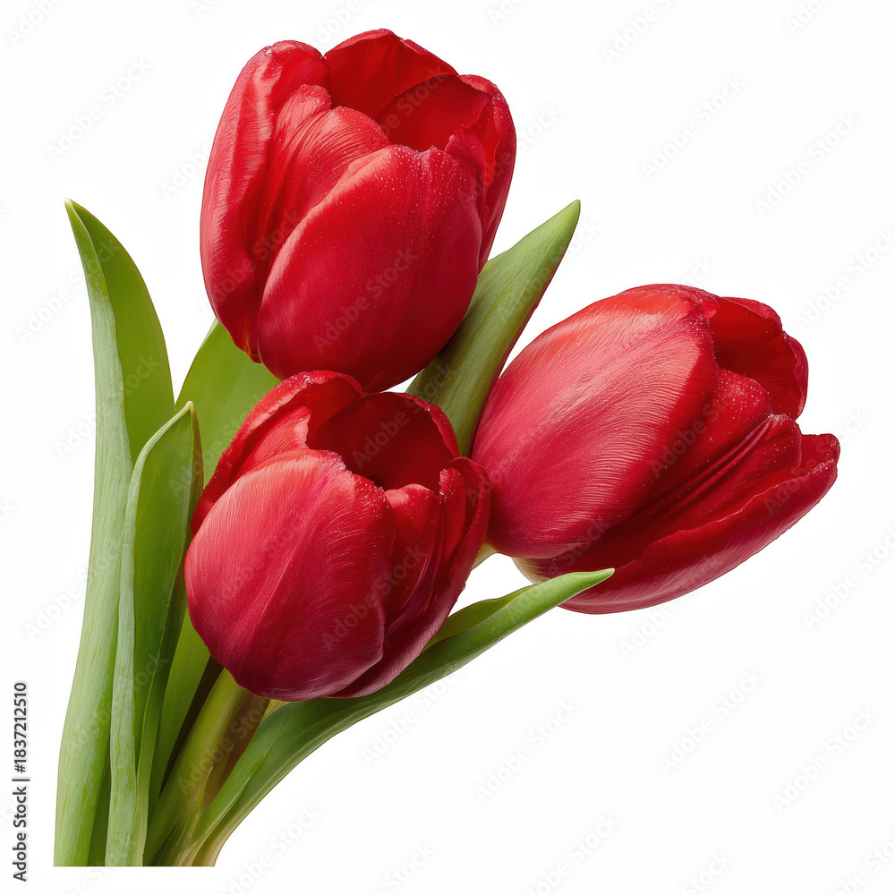 Fototapeta premium Red Tulip Bouquet with Green Leaves Isolated on Transparent Background