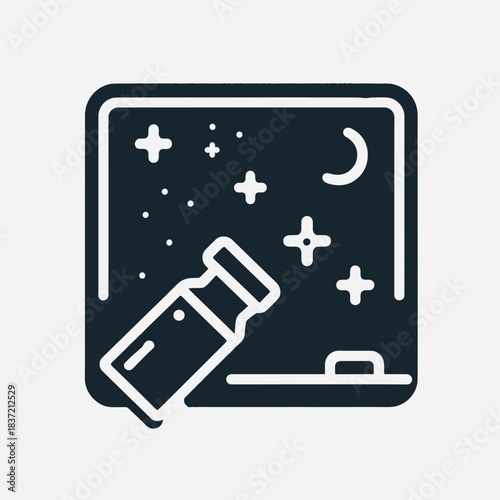 Telescope pointed at stars and moon on a dark background