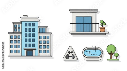 A modern building with a blue facade and a balcony with a potted plant and a tree.