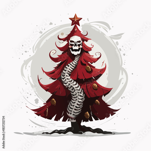 A skeletal figure adorned in a red festive cloak and hat stands against a white background with a star on its head.