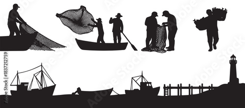 Silhouettes of fishermen working with nets in boats, hauling catch, and a lighthouse overlooking a harbor with ships and a pier.