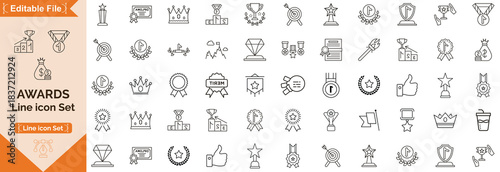Awards icon set. containing badge, trophy, certificate, and more. Outline Icon Collection. Editable stroke. Vector illustration