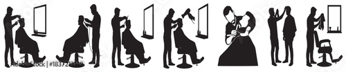 A row of black silhouette icons depicting various hair salon activities like cutting, styling, blow-drying, and a couple dancing.