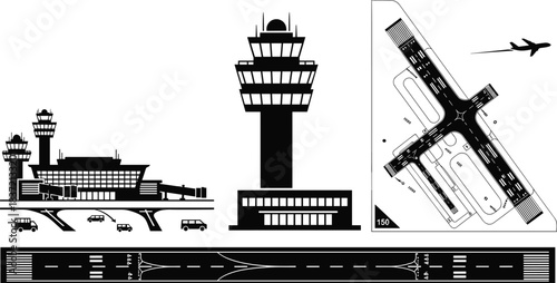 Airport terminal building and air traffic control tower vector illustration set, runway aerial view diagram and ground marking symbols, aviation transportation travel logistics background design, 