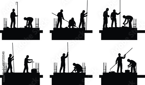 Construction workers group silhouette on building site vector collection, isolated figures doing various manual labor jobs, development, teamwork, engineering, architecture, industry concept set.