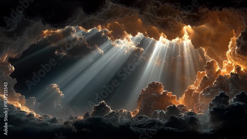 Dramatic heaven light beams shining through dark storm clouds opening background backdrop for religious church worship video and spiritual hope concept