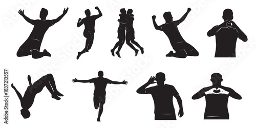 Collection of black silhouettes depicting various sports celebrations and human gestures on a white background.