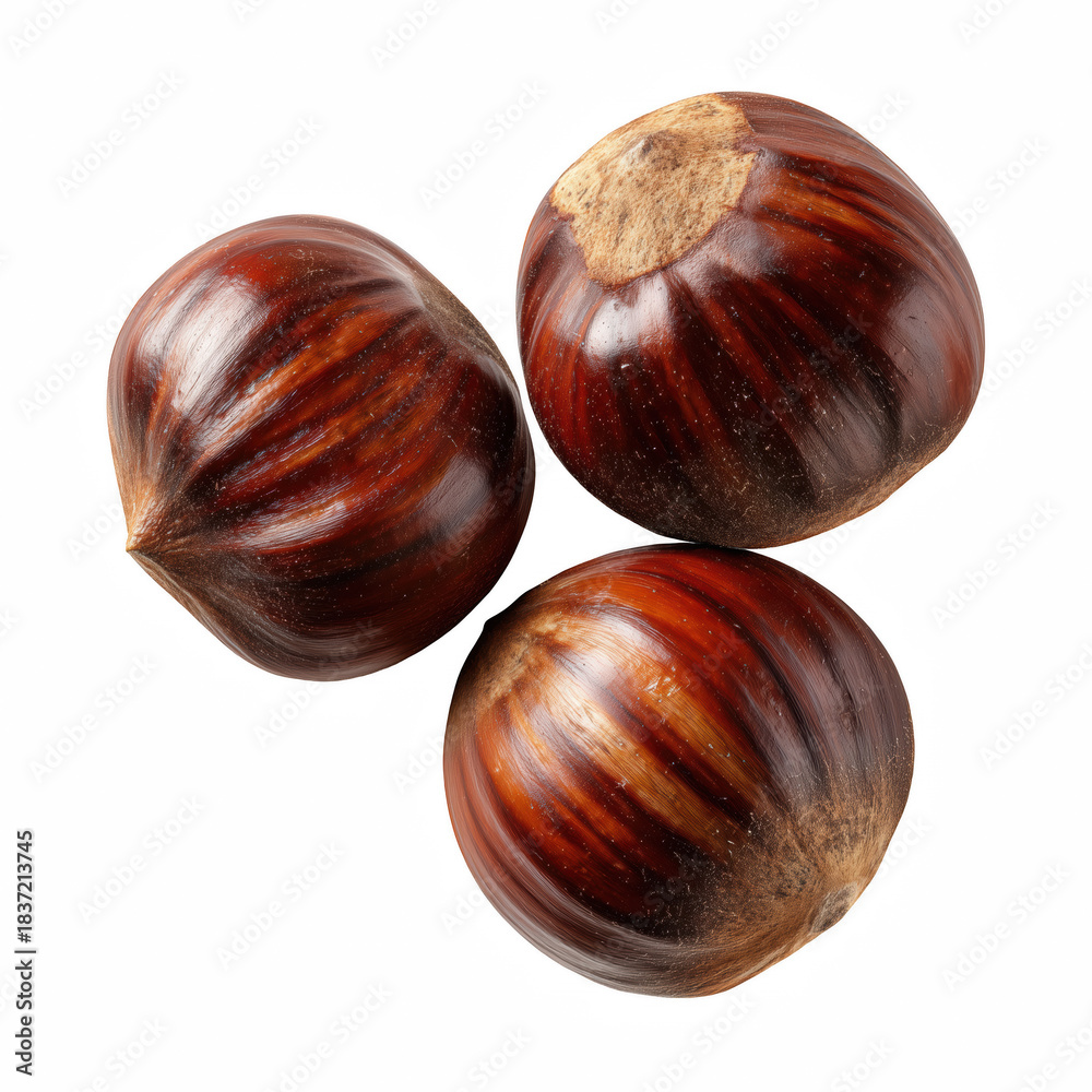 Obraz premium Three Brown Chestnuts Isolated on Transparent Background