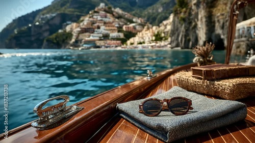 Luxury wooden private boat deck with sunglasses and towel sailing near Positano Amalfi Coast Italy background backdrop summer vacation travel and old money dolcevita lifestyle concept