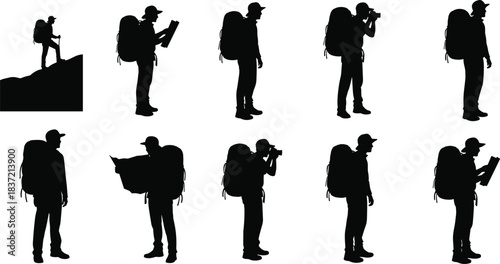 Diverse Hiker Silhouettes Vector Set: Backpacking Tourists Exploring Mountains, Reading Map, Taking Photo, Adventure, Trekking, Expedition, Outdoor Lifestyle and Exploration.