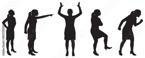 Silhouettes of five women in various dynamic poses and gestures, expressing different actions and emotions on a white background.