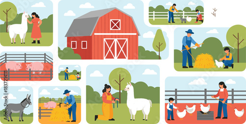 Vector Collection of Farm Scenes, Including a Red Barn, Farmers with Alpacas and Pigs, and Chickens, Ideal for Agriculture, Rural Life, Livestock, and Domestic Animal Concepts.