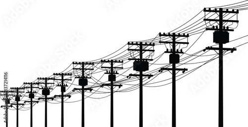 Electrical utility poles silhouette array with a complex network of power lines and transformers against a white background; urban infrastructure for electricity transmission and supply.