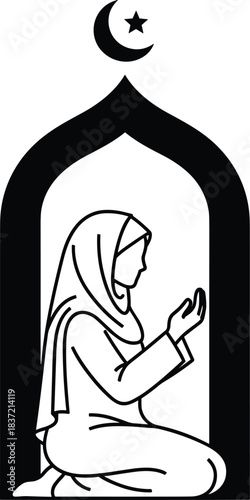 Muslim woman praying icon qibla direction Islamic prayer vector art design for Ramadan and religious observances