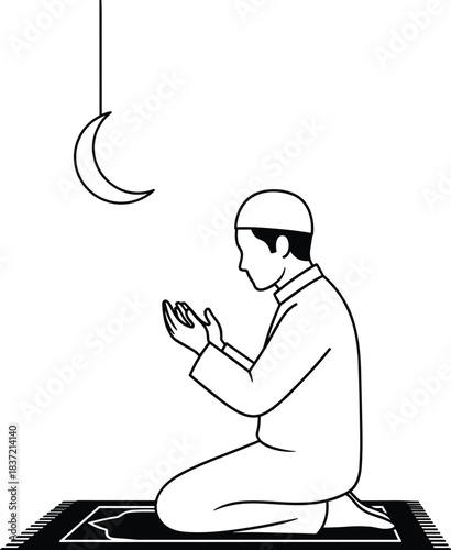 Outline of muslim man kneeling on prayer mat during salah ritual under crescent moon on transparent background for muslim pray icon