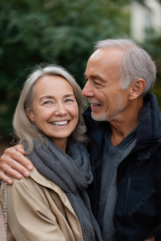 Fototapeta premium Elderly caucasian couple smiling in outdoor setting