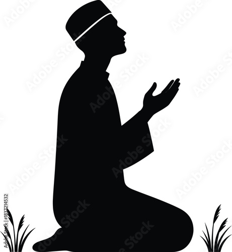 Muslim pray icon man kneeling with hands raised in supplication silhouette qibla direction for spiritual connection