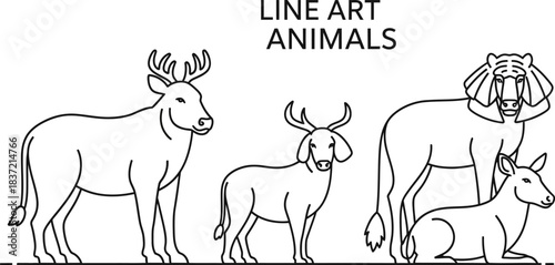 Minimal Animal Line Art Outline Vector | Wildlife Continuous Line Drawing | Modern Pet & Wild Animal Contour Illustration Design