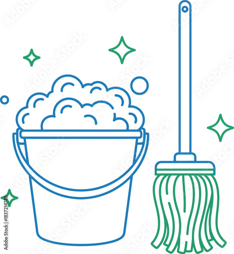 Cleaning supplies icon with bucket full of soapy water and a mop. housekeeping, hygiene, and sanitation concept vector art.