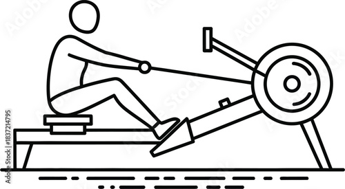 Line art illustration of a person exercising on a rowing machine, symbolizing fitness, health, and cardio workout training session