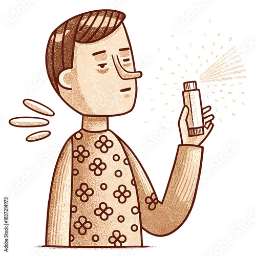 Man using inhaler and breathing calmly with focus in soft tones  