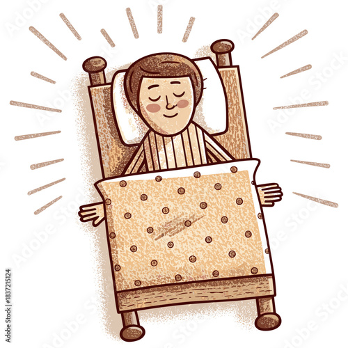 Man resting peacefully in bed with dotted blanket and warm lighting  