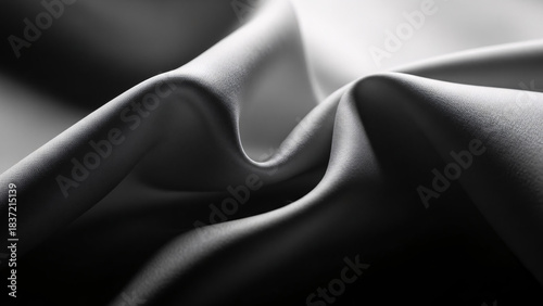 Elegant black silk and satin textile fabric with soft curves, waves, and shiny, luxurious texture backdrop