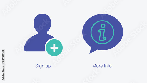 Vector illustration of user interface icons for sign up and more information, featuring a blue silhouette of a person with a green plus sign and a blue speech bubble with an information symbol