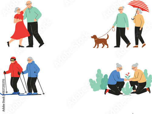 Vector Collection of Four Active Senior Couple Scenes, Including Dancing, Skiing, Dog Walking with an Umbrella, and Gardening, Ideal for Retirement, Healthy Aging, and Lifestyle Concepts.