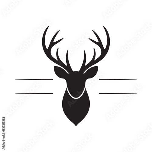 Minimalist black and white illustration of a deer head with antlers and lines