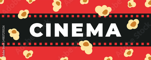 Bright red cinema festival banner with film strip and popcorn illustration. Movie event promotional banner