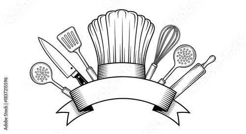 Chefs Tools Illustration - Culinary Arts Design with Ribbon Banner.
