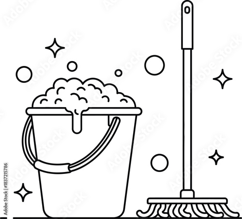 Cleaning bucket with soapy water and mop icon, illustrating household cleaning supplies for hygiene and sanitation. minimal vector graphic art.