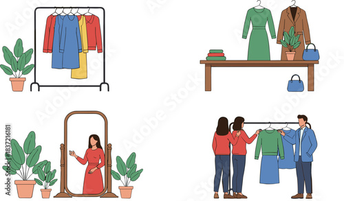 Vector Collection of Four Fashion and Retail Scenes, Including Clothing Racks, Dressing Mirror, Display Table, and Shoppers, Ideal for Clothing Stores, E-commerce, and Personal Styling Concepts.