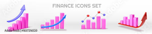 3D graph bar. Investment chart. Stock statistic info histogram with isolated arrow. Up and down forex concept. Pink column investment infochart. Vector analytic report render icons set