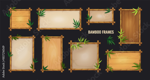 Wood sign. Wooden beach frame, bamboo game board or ui Hawaiian signboard. Paper menu button. Empty square framework. Organic poster with copy space, graphic design element. Vector panel set