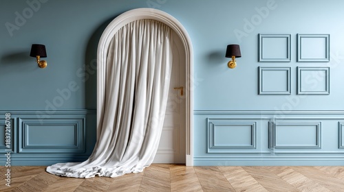 Elegant blue room with arched doorway and draped white curtain.