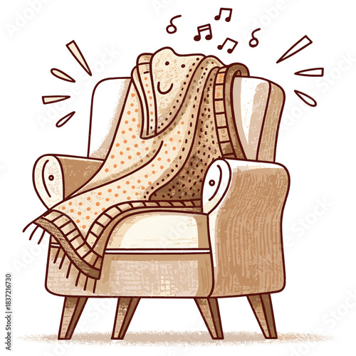 Cozy blanket draped over an armchair with cheerful musical notes  