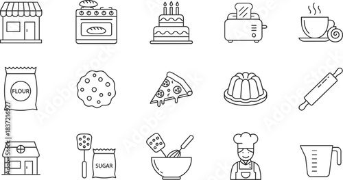 Bakery, Pastry, and Food Production Line Icons Set,Storefronts, Baking Ingredients, Cake, Pizza, Cookie, and Chef Accessories Vector Collection, Minimalist Outline Style.