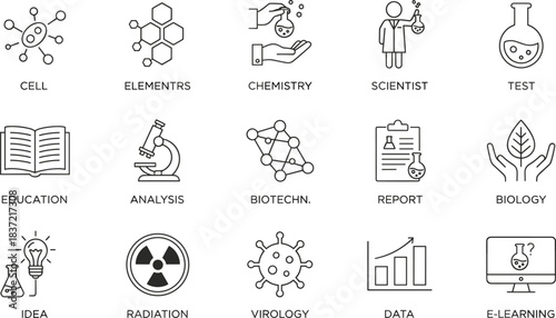Science, Technology, and Education Line Icons Set Laboratory Research, Chemical Analysis, Biology, Virology, Biotech, Data, and E-Learning Vector Collection, Minimalist Outline Style.