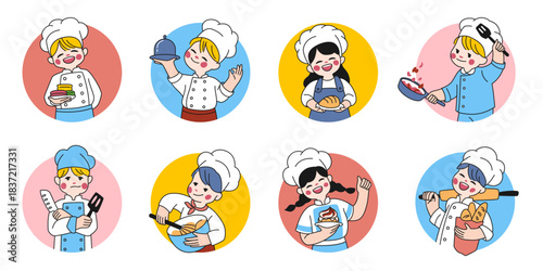Kids cook. Child chef menu, girl character for food cookbook logo, little boy gourmet kitchen in hat. Children portrait in round form. Culinary profession. Vector cartoon face illustration