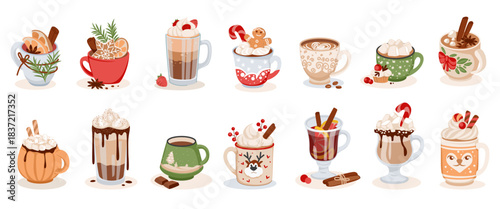 Christmas cup. Hot cocoa mug, chocolate coffee drink or punch cocktail with gingerbread, holiday xmas patterns, cozy beverage with marshmallow. Vector cartoon isolated illustration set