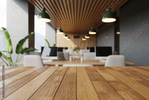 Close-up of Wooden Table Top, Modern Office Space Background, Contemporary Design, Interior Details, Sleek Wood Desk Surface, Blurred Co-working Area, Minimalist Office Furniture, Empty Desktop Mockup